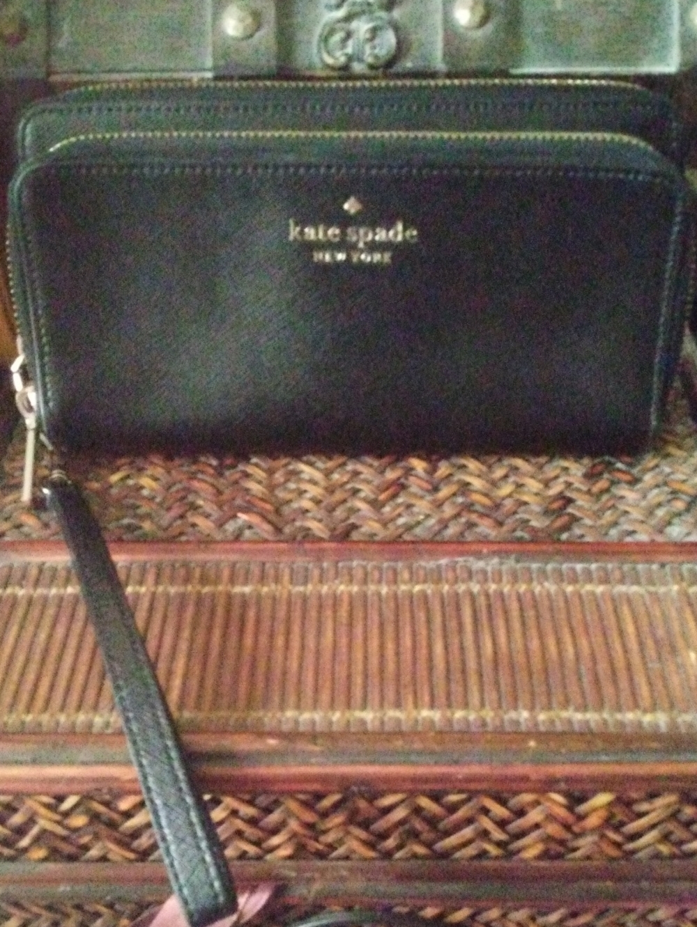 kate spade Black Leather Zip-Around Wristlet with Gold Logo